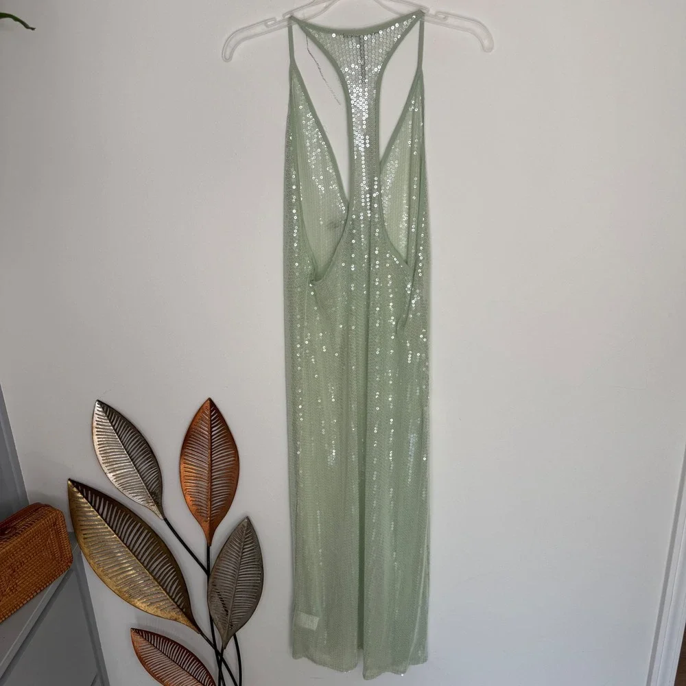 Anthropologie Kaftan Mint Green Sequin Mesh Swim Cover-Up Racerback Midi OS NWT